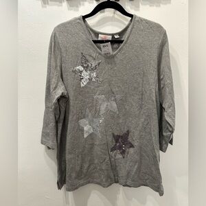 NWT Quacker Factory Womens Long Sleeve Gray Shirt Top Sequins Stretch Size XL